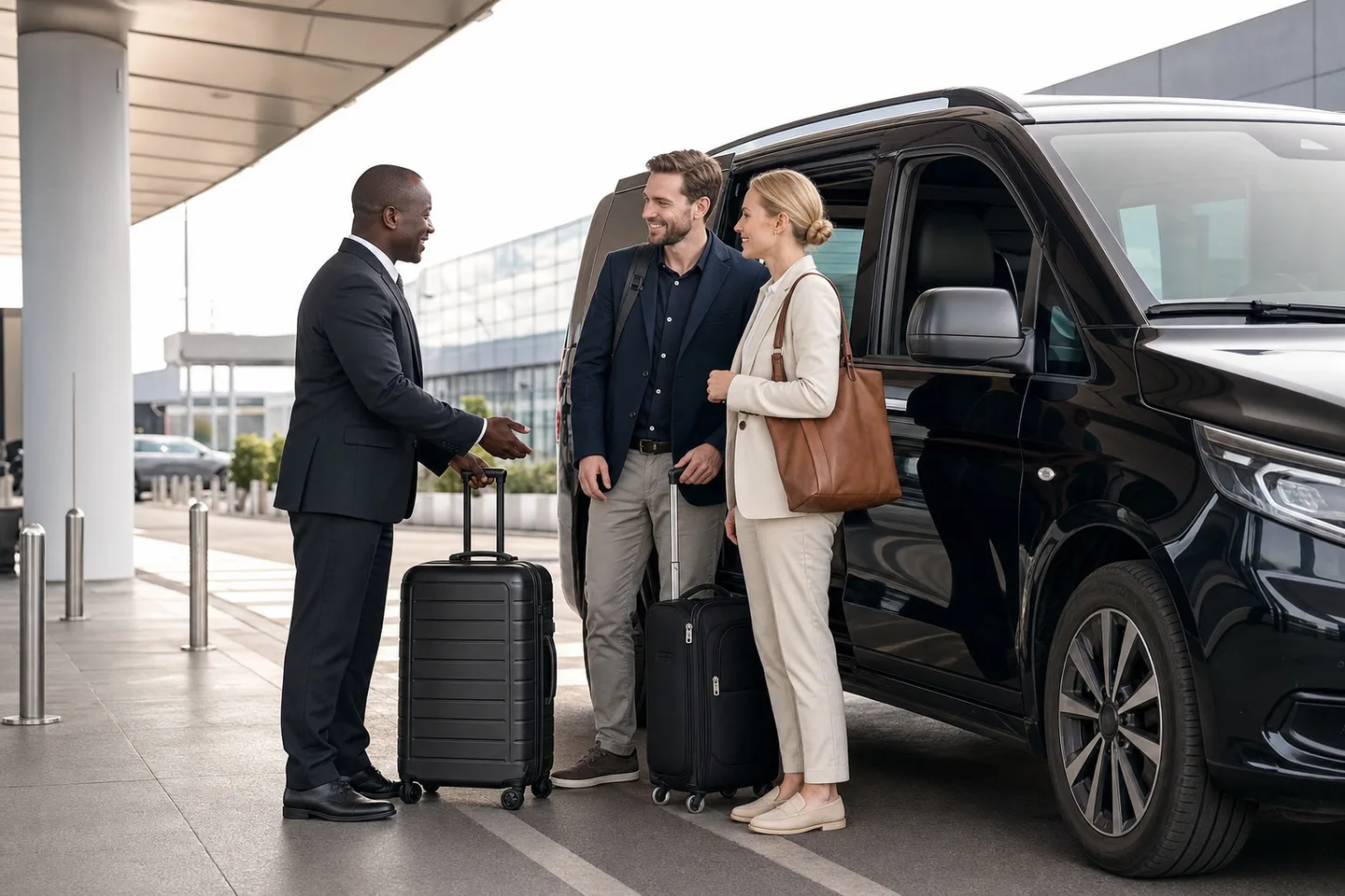 Professional chauffeur welcoming business travellers beside an executive vehicle in Accra.